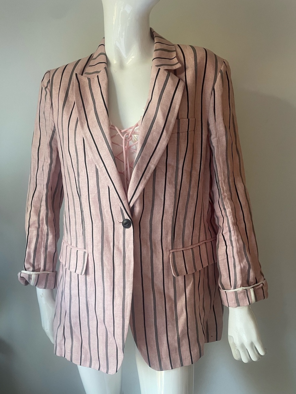 Rag & Bone Claudia Pink Black Striped Linen Blazer Size 14 - Picture 7 of 9